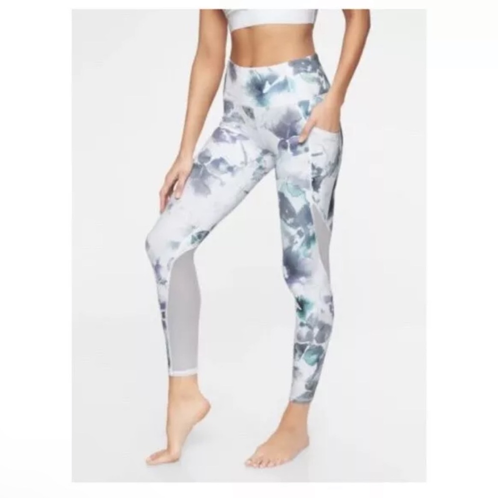 Athleta Mudra 7/8 Tight White/Multi Floral Mesh Pocket Legging Size Large